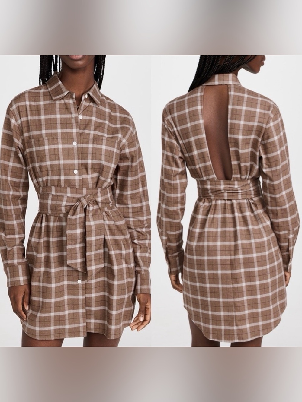 Marissa Webb Brett Lightweight Flannel Uback Mini Dress in Tan Plaid XS